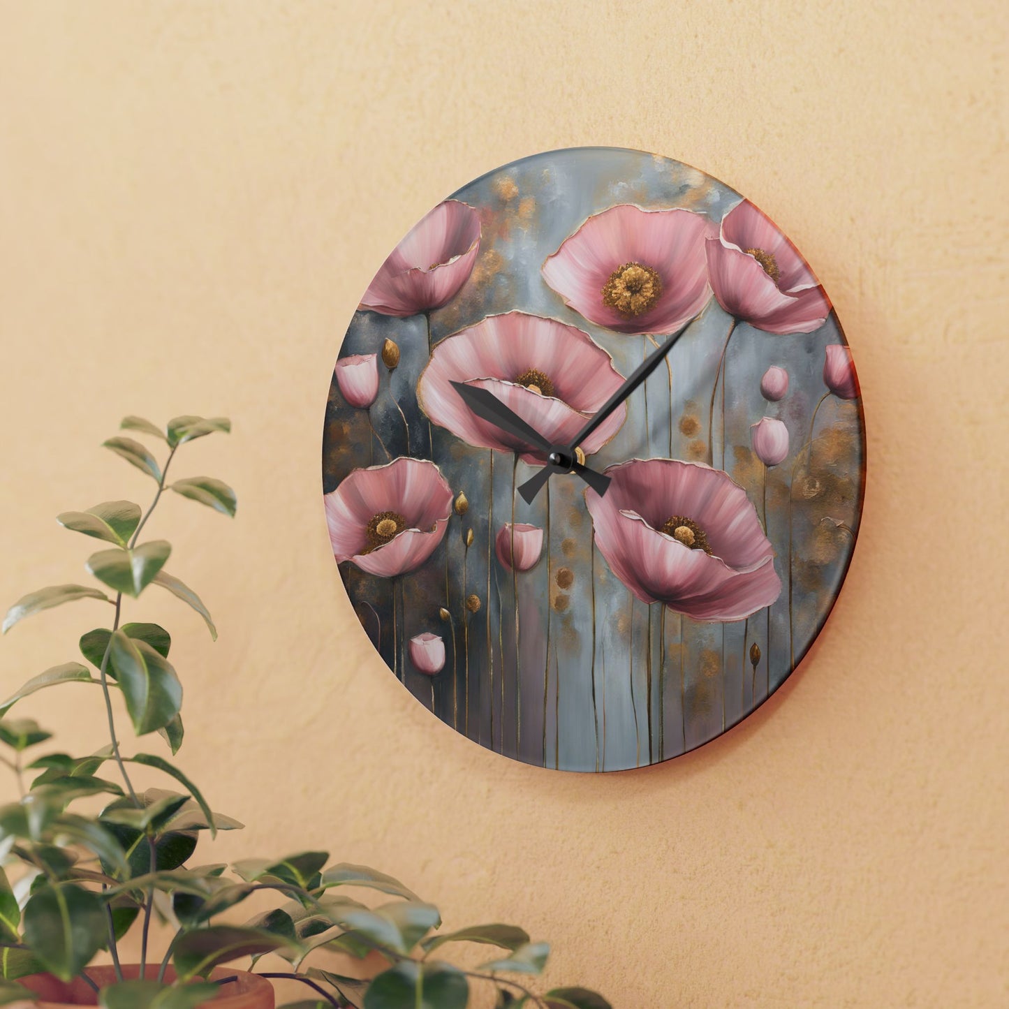 Floral Design Acrylic Clock Unique Colorful Wall Clock for Kitchen or Living Room Nature Lover Field of Flowers Gardener Gift