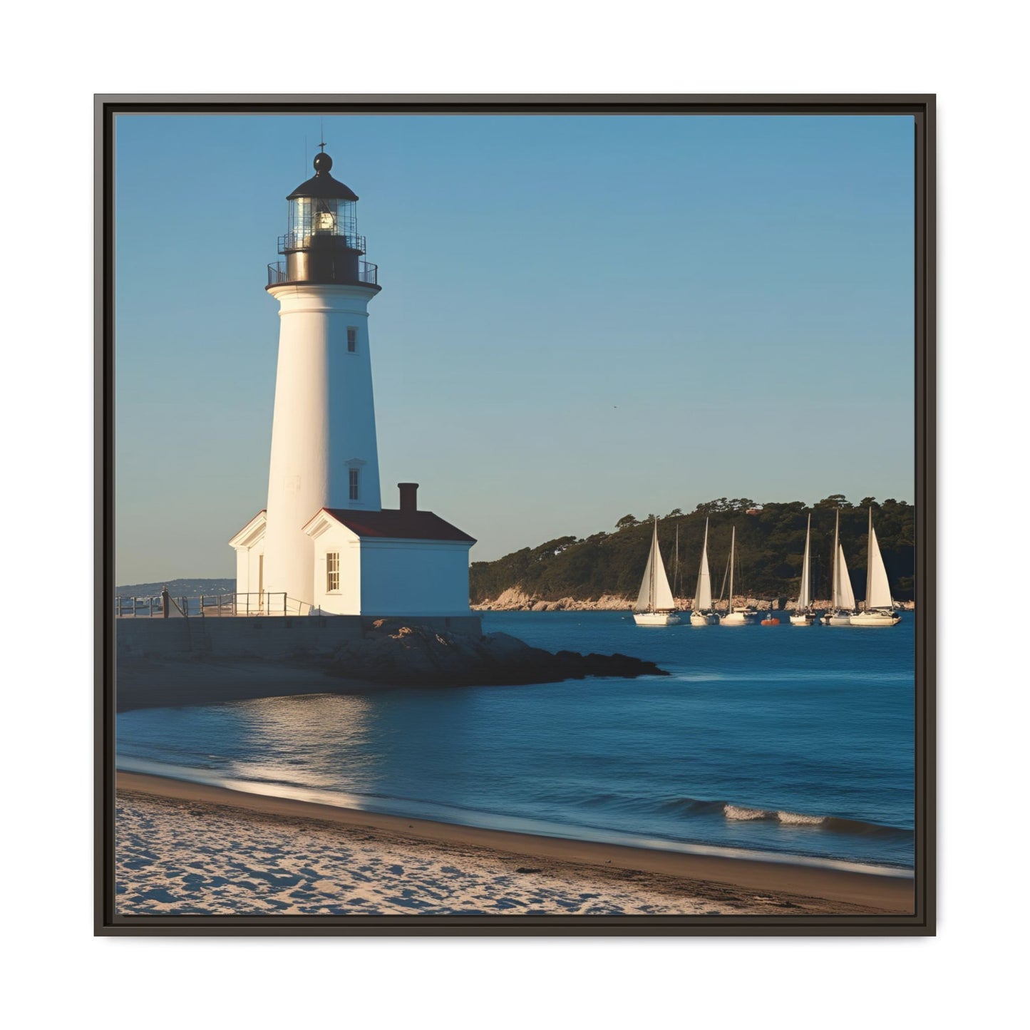 Lighthouse on the Beach Unique Framed Canvas Print Wall Art Nature Lover Gift Beachy Sailboats in the Ocean Vacation Decor 3 frame colors