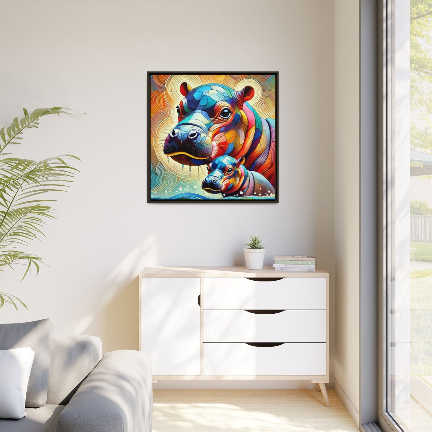 Modern Hippo Print Abstract Design Unique Framed Canvas Print Baby Hippo Wall Art Animal Lover Gift Nature Lover Decor 3 frame colors