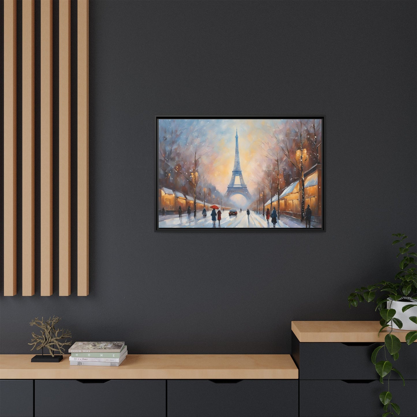 Eiffel Tower in Winter Print Wall Art Matte Stretched Canvas Paris Lover Gift Winter in France, 3 frame colors to choose from