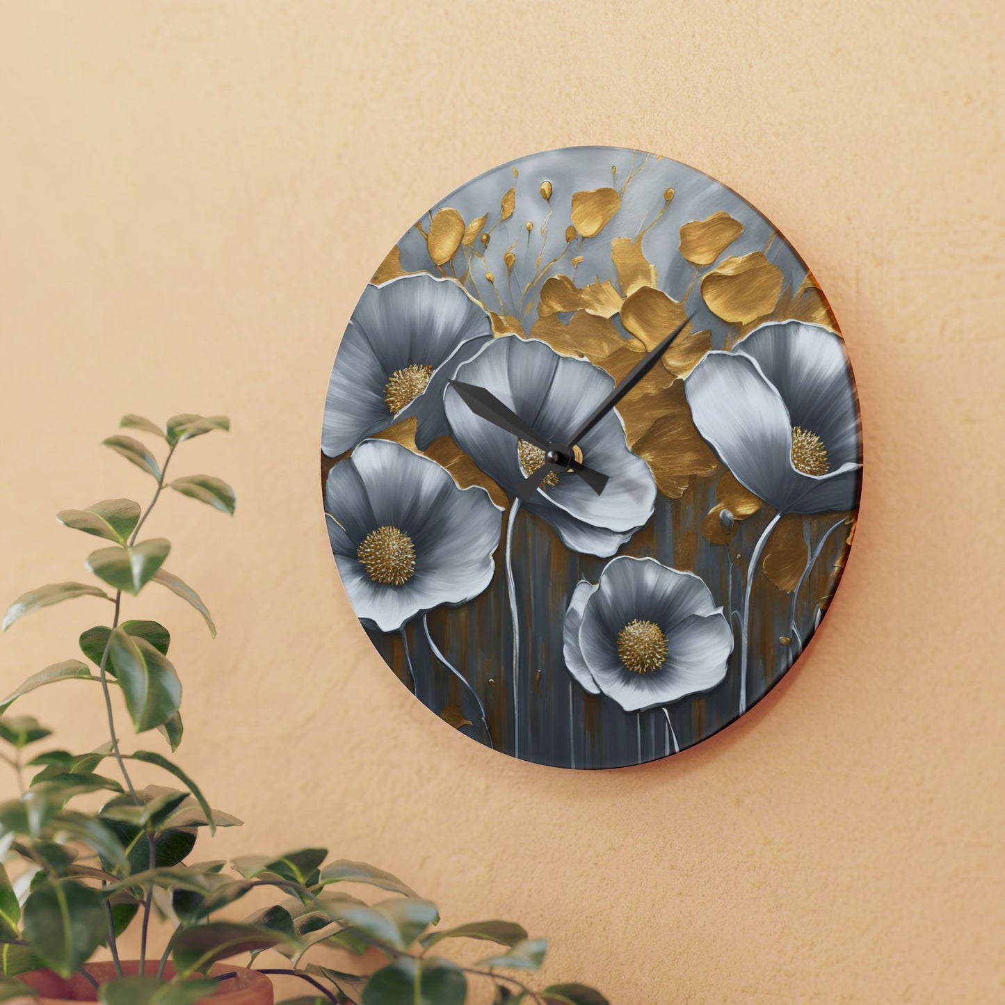 Floral Design Acrylic Clock Unique Colorful Wall Clock for Kitchen or Living Room Nature Lover Field of Flowers Gardener Gift