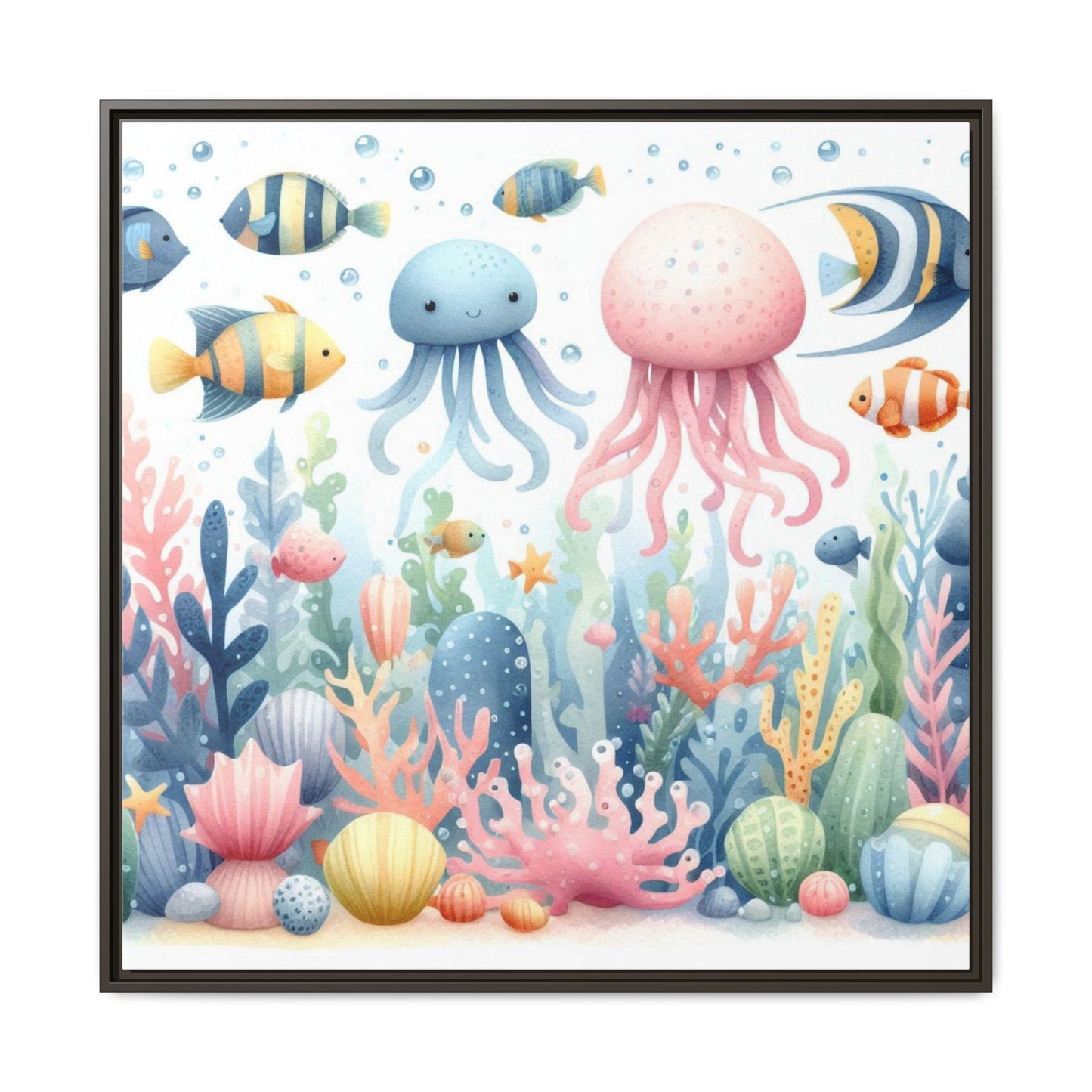 Whimsical Nursery Decor Pastel Underwater Design Unique Sweet Baby Room Framed Canvas Ocean Fish Print Unisex Baby Shower Octopus Gift