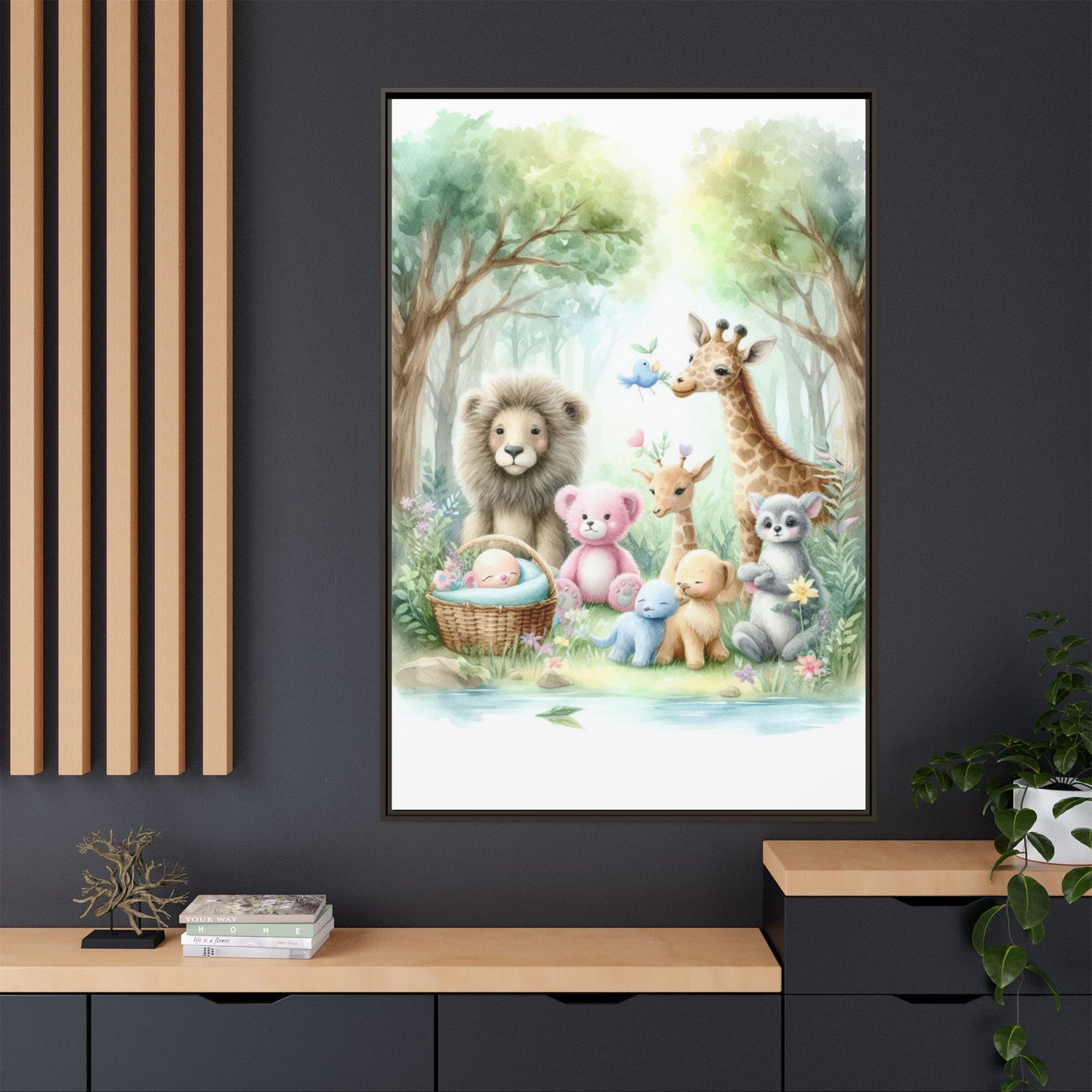 Whimsical Nursery Decor Pastel Menagerie Unique Sweet Baby Room Framed Baby Animal Canvas Print Wall Unisex Baby Shower Gift 3 frame colors