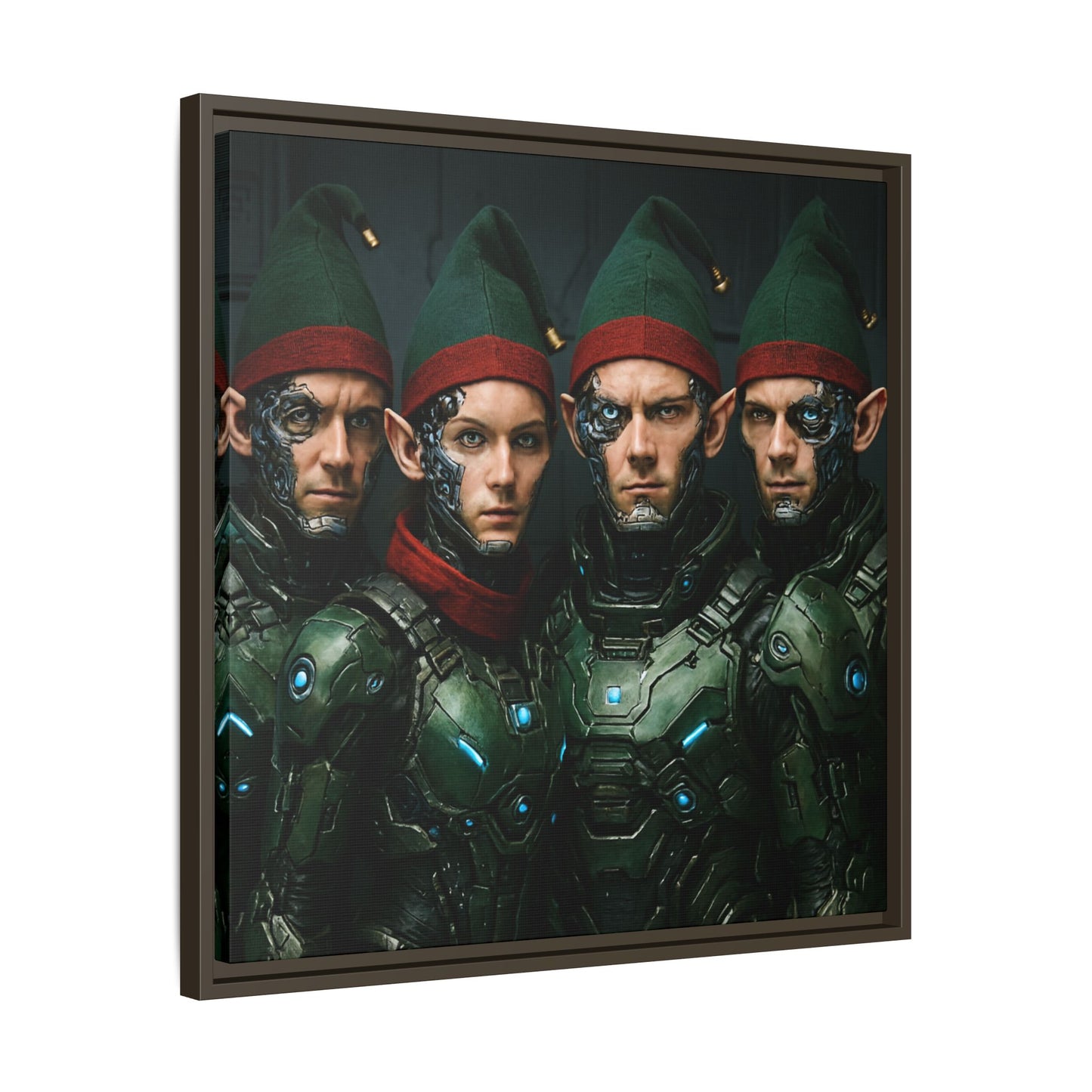 Cyber-Elves Print Modern AI Elf Design Unique Framed Canvas Sci-Fi Print Funny Christmas Elf Wall Art Gamer Gift Decor 3 frame colors