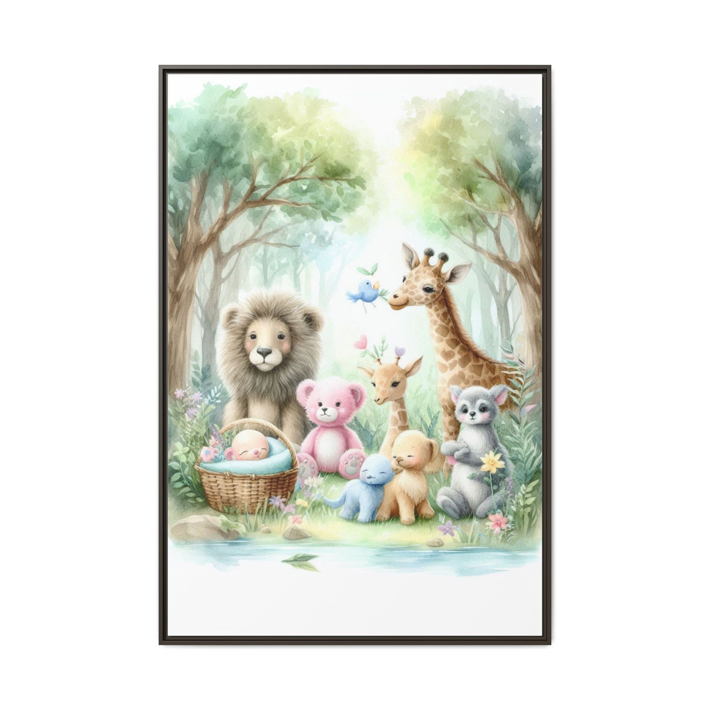 Whimsical Nursery Decor Pastel Menagerie Unique Sweet Baby Room Framed Baby Animal Canvas Print Wall Unisex Baby Shower Gift 3 frame colors