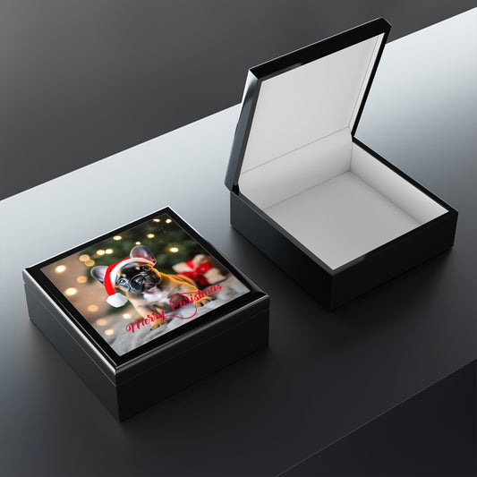 Christmas Pug Wood Jewelry Box Handcrafted Holiday Trinket Rustic Keepsake Gift for Him or Her, Festive Vanity Storage Decor 3 color options