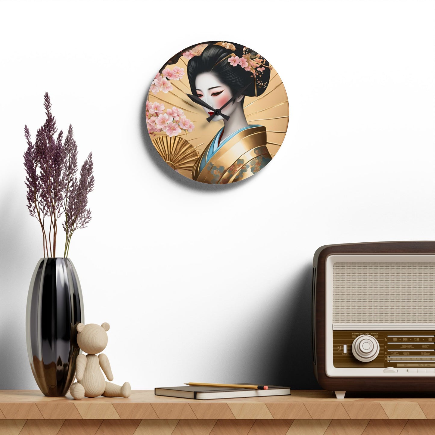 Asian Geisha Girl Plum Blossom Design Acrylic Office Clock Unique Colorful Wall Clock Nature Lover Gift Flower Art Design