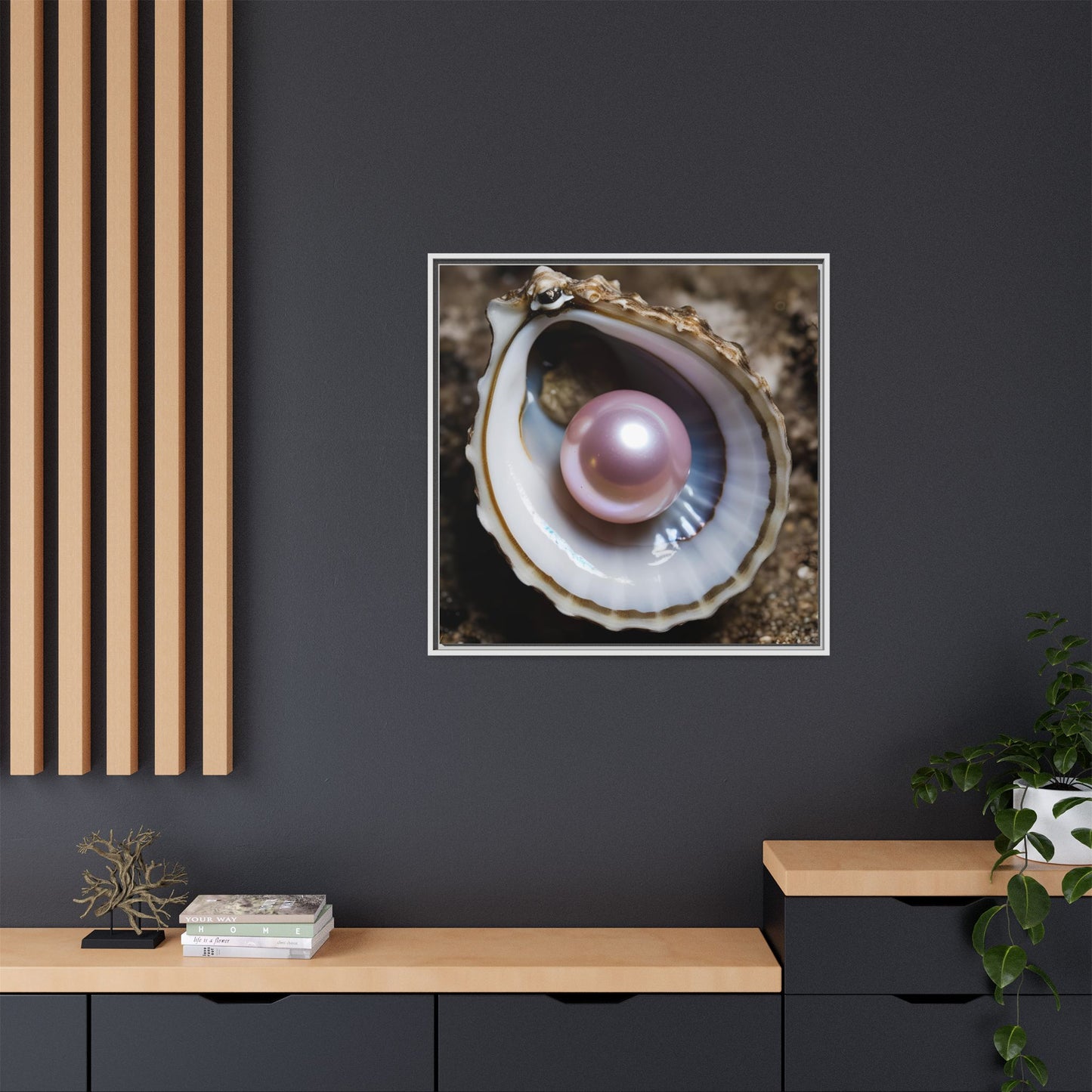 Pink Pearl in Oyster Shell Framed Canvas Wall Art Beach Lover Vacation Oceanic Gift Nature Lover Peaceful Zen Gift 3 frame colors