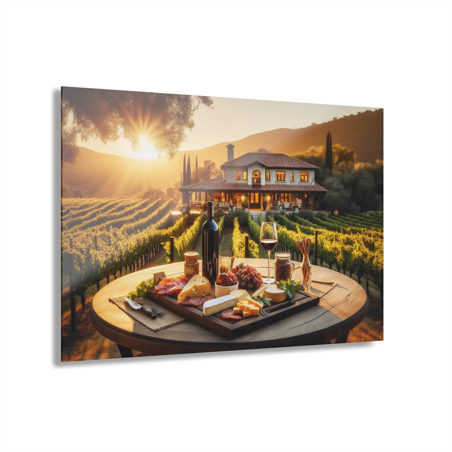 Rustic Vineyard Design Acrylic Print with Charcuterie Nature Lover Wall Art Fruit and Cheese Gift Farm Artwork Modern Garden Home Decor