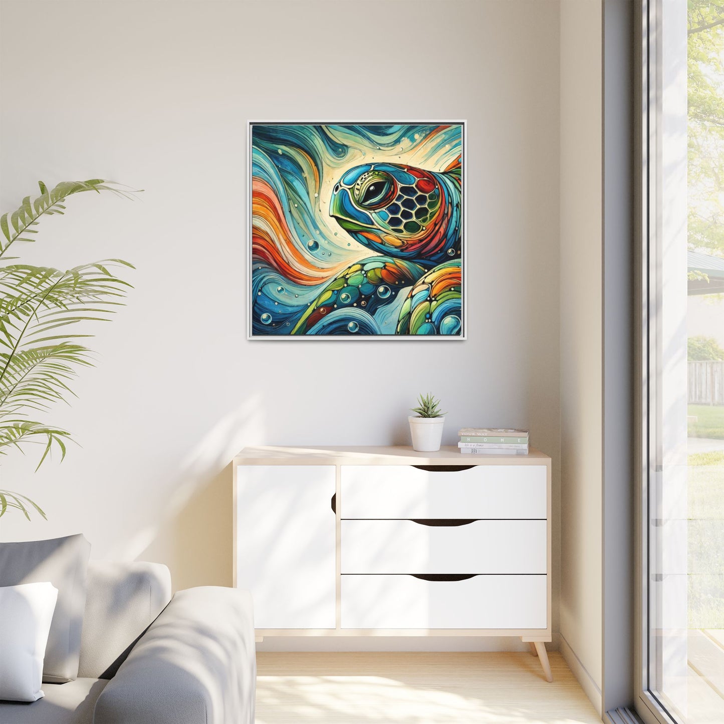Modern Sea Turtle Print Abstract Design Unique Framed Canvas Print Oceanic Wall Art Animal Lover Gift Nature Lover Decor 3 frame colors