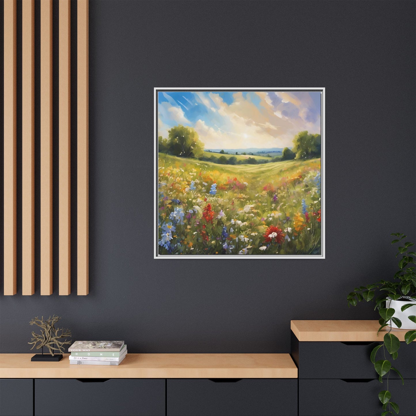 Modern Filed of Flowers Design Unique Framed Canvas Wall Art Gift Nature Lover Landscape Decor Gift 3 frame colors