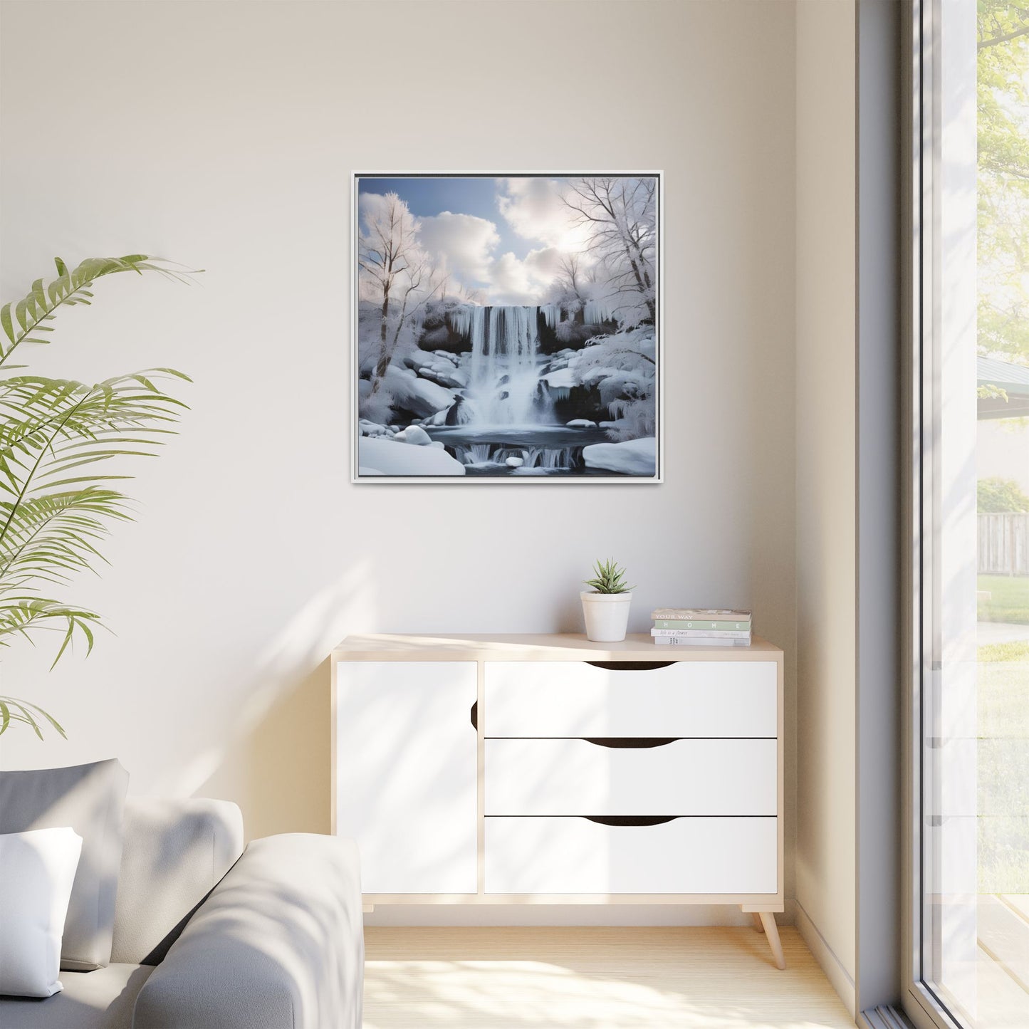 Modern Snowy Waterfall Design Unique Framed Canvas Wall Art Winter Scene Nature Lover Gift Mountain Landscape Decor Gift 3 frame colors