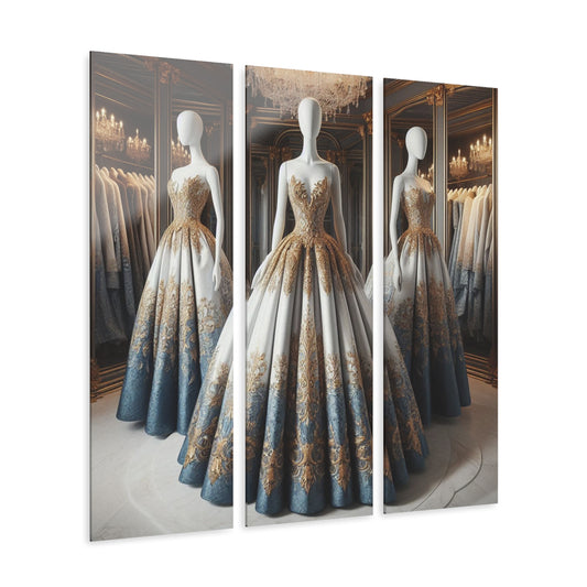 Fashion Formal Runway Damask Dress Design Triptych 3-Panel Acrylic Print Wall Art Unique Haute Couture Fashionista Vintage Style Decor