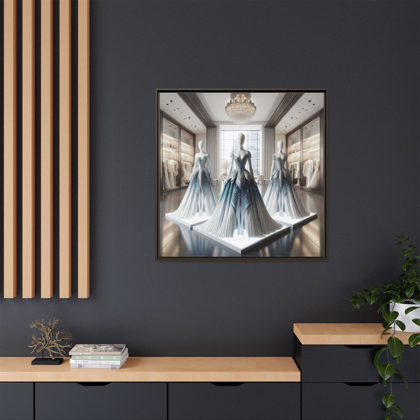 Futuristic Bodycon Runway Dress Framed Canvas Print Wall Art Unique Fashion Designer Style Haute Couture Fashionista Gift 3 Frame Colors