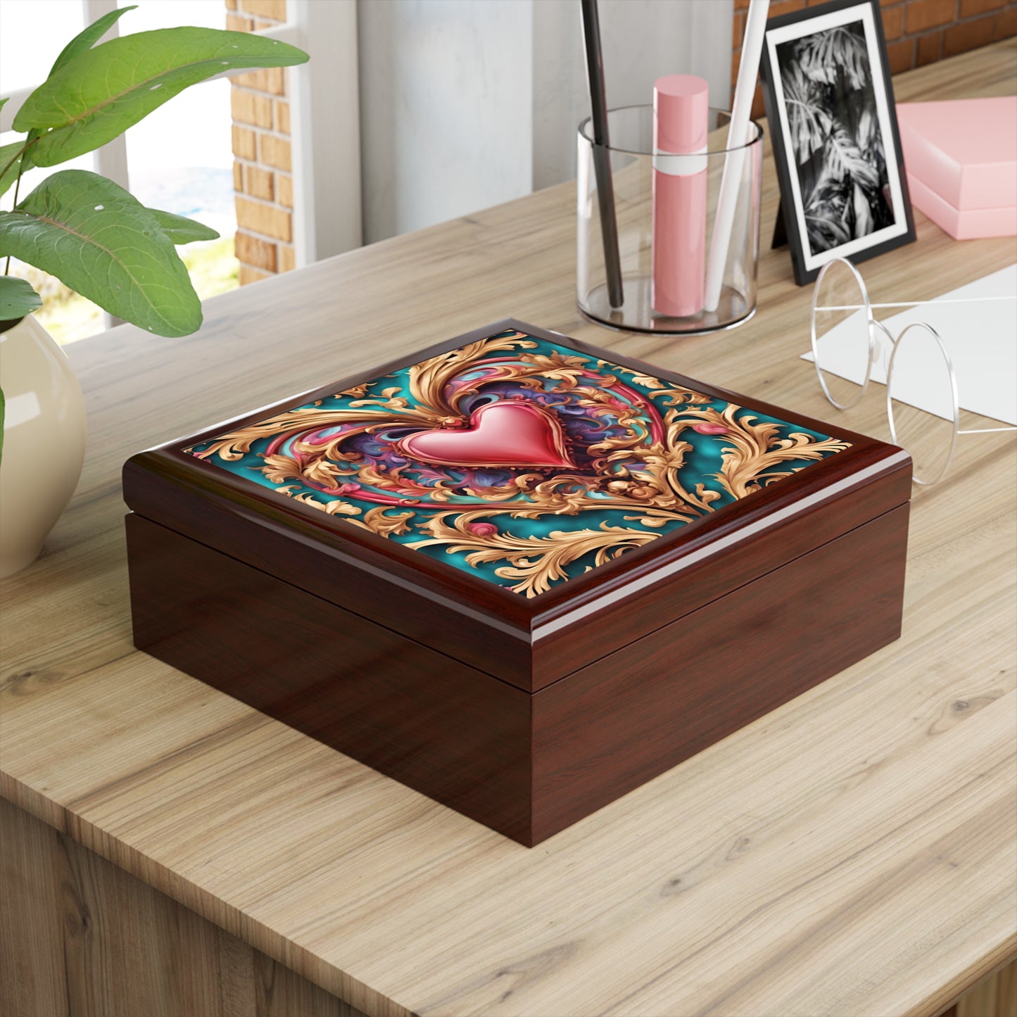 Unique Art Print Retro Heart Design Jewelry Box Trinket Box Bedroom Dresser Decor Vanity Gift Box - 3 colors to choose from