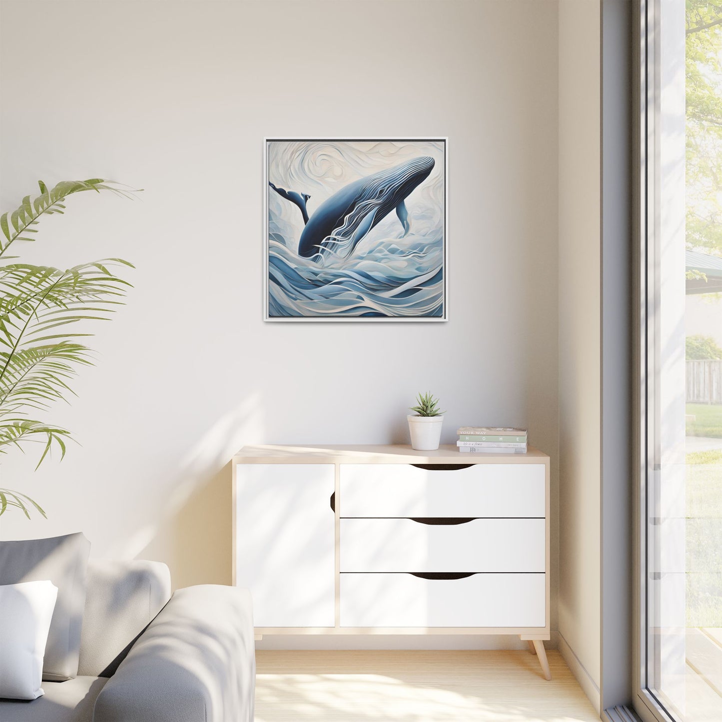 Modern Abstract Whale Wave Design Unique Framed Canvas Wall Art Ocean Beach Gift Nature Lover Gift Underwater Sea Lover Gift 3 frame colors