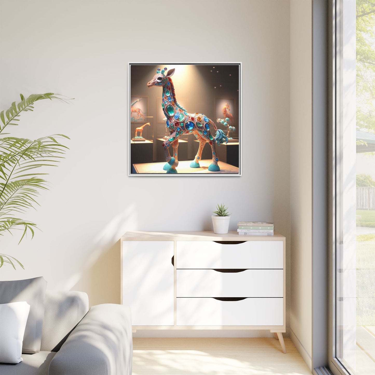 Bejeweled Giraffe Framed Canvas Print Wall Art Unique Fashion Designer Haute Couture Fashionista Animal Lover Gift Decor 3 Frame Colors