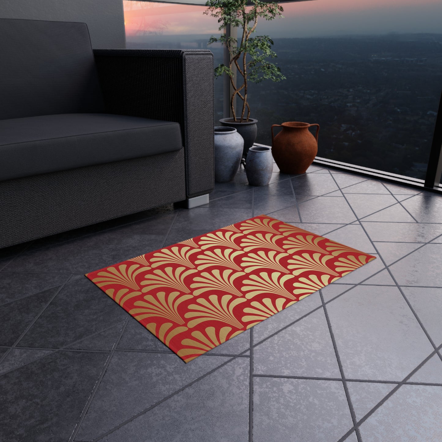 Chenille Outdoor Rug with No-Skid Backing Cozy Red and Gold Outdoor Carpet Patio Decor Gazebo Rug Pool Area Decor Outdoor Kitchen Rug