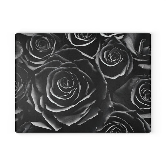 Kitchen Decor Glass Cutting Board Serving Tray with Black Rose Design Floral Pattern Cutting Board Gift for Home Cook Charcuterie Board