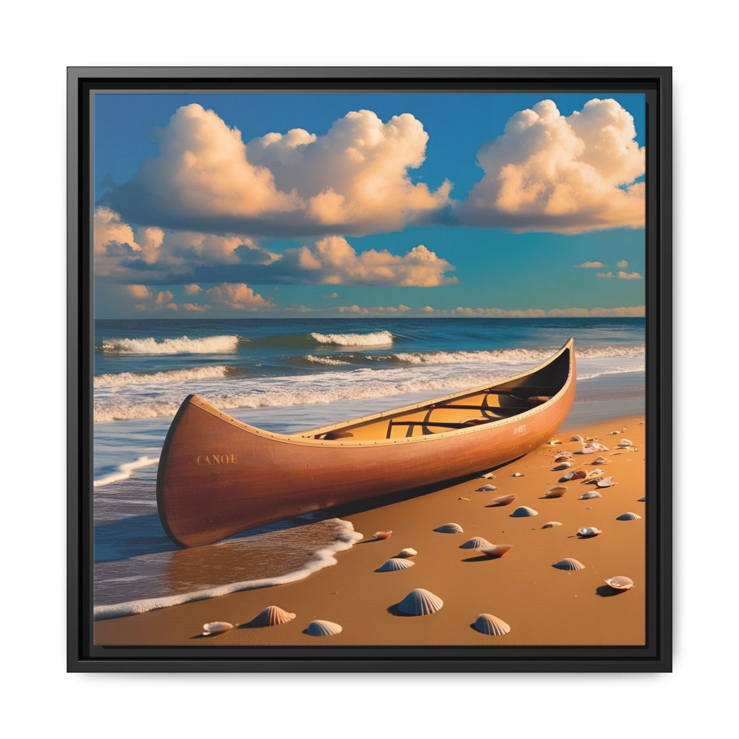 Canoe on the Beach Calm Sunny Day Framed Canvas Wall Art Beach Lover Vacation Oceanic Gift Nature Lover Peaceful Zen Gift 3 frame colors