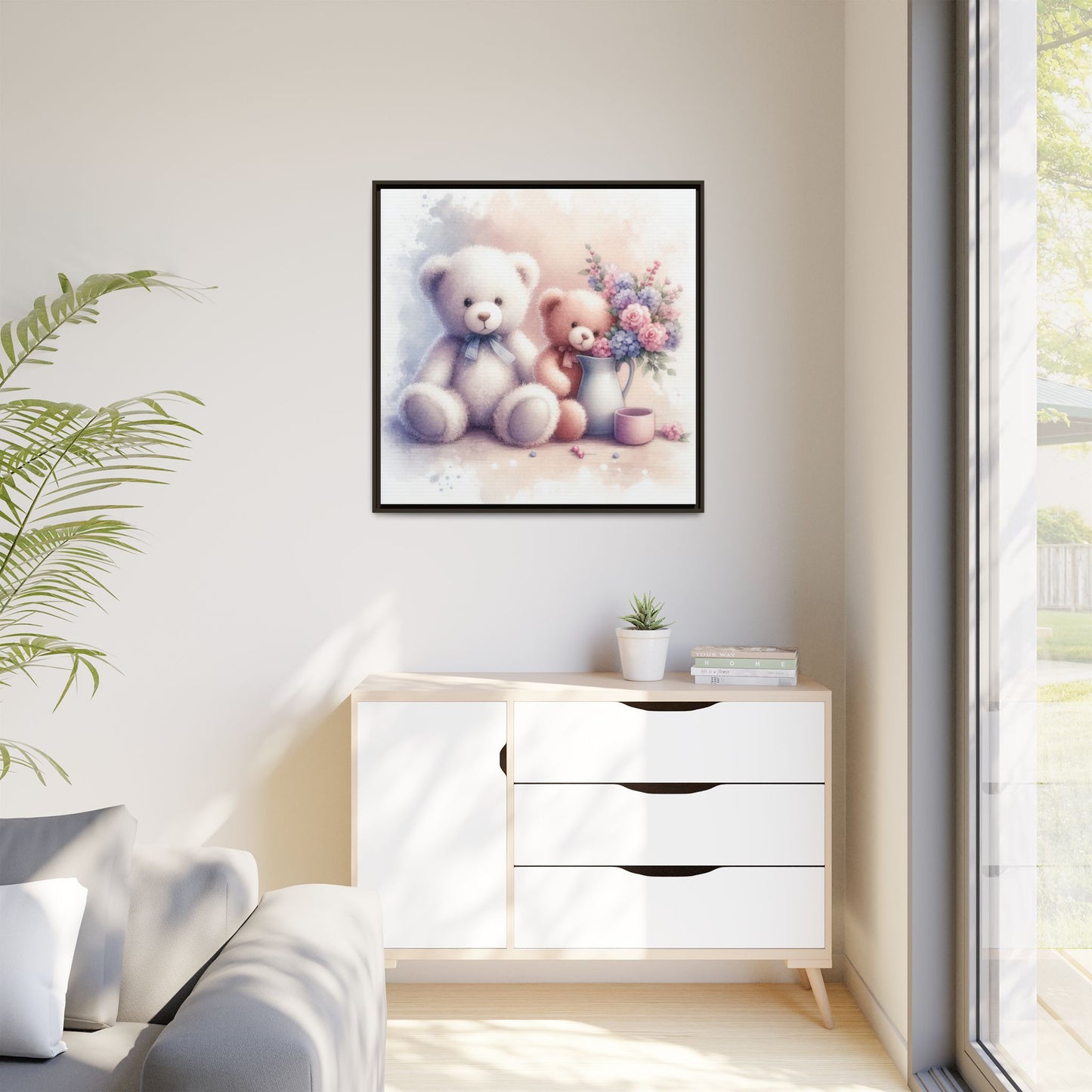 Whimsical Nursery Decor Pastel Floral Teddy Bear Design Wall Art Unique Sweet Baby Room Framed Canvas Print Unisex Baby Shower Gift