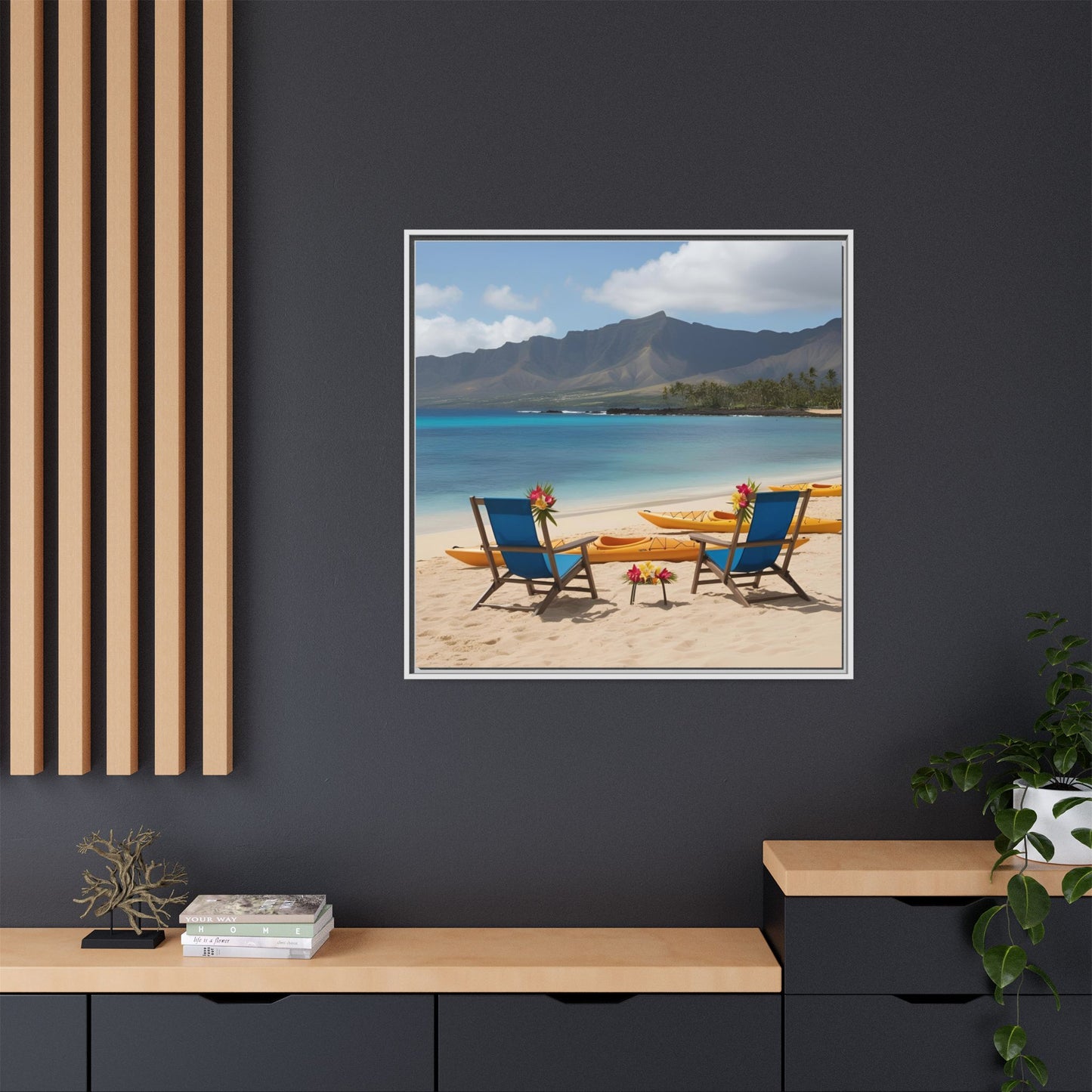 Chairs on the Beach Calm Sunny Day Framed Canvas Wall Art Beach Lover Vacation Oceanic Gift Nature Lover Peaceful Zen Gift 3 frame colors