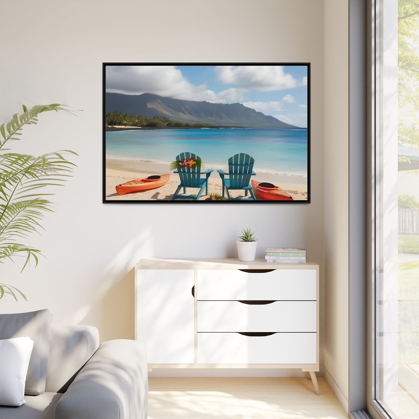 Chairs on the Beach Print Unique Framed Canvas Print Wall Art Gift Beachy Nature Lover Ocean Waves Hawaiian Vacation Decor 3 frame colors