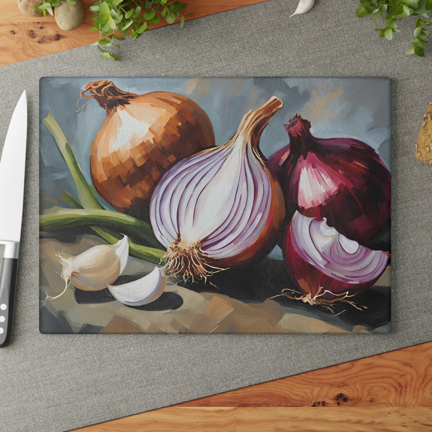 Kitchen Decor Glass Cutting Board Serving Tray with Onions and Garlic Design Cutting Board Gift for Home Cook Charcuterie Board