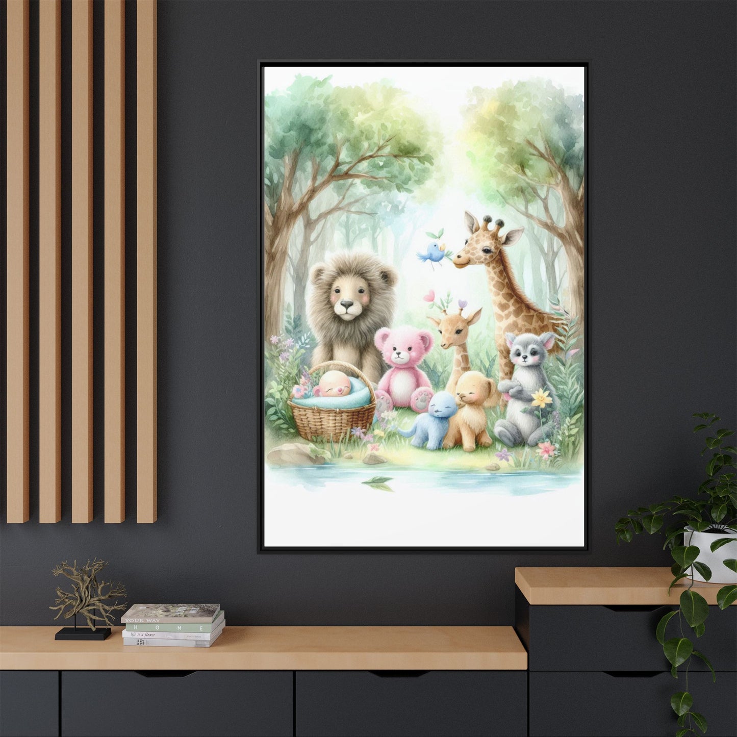 Whimsical Nursery Decor Pastel Menagerie Unique Sweet Baby Room Framed Baby Animal Canvas Print Wall Unisex Baby Shower Gift 3 frame colors