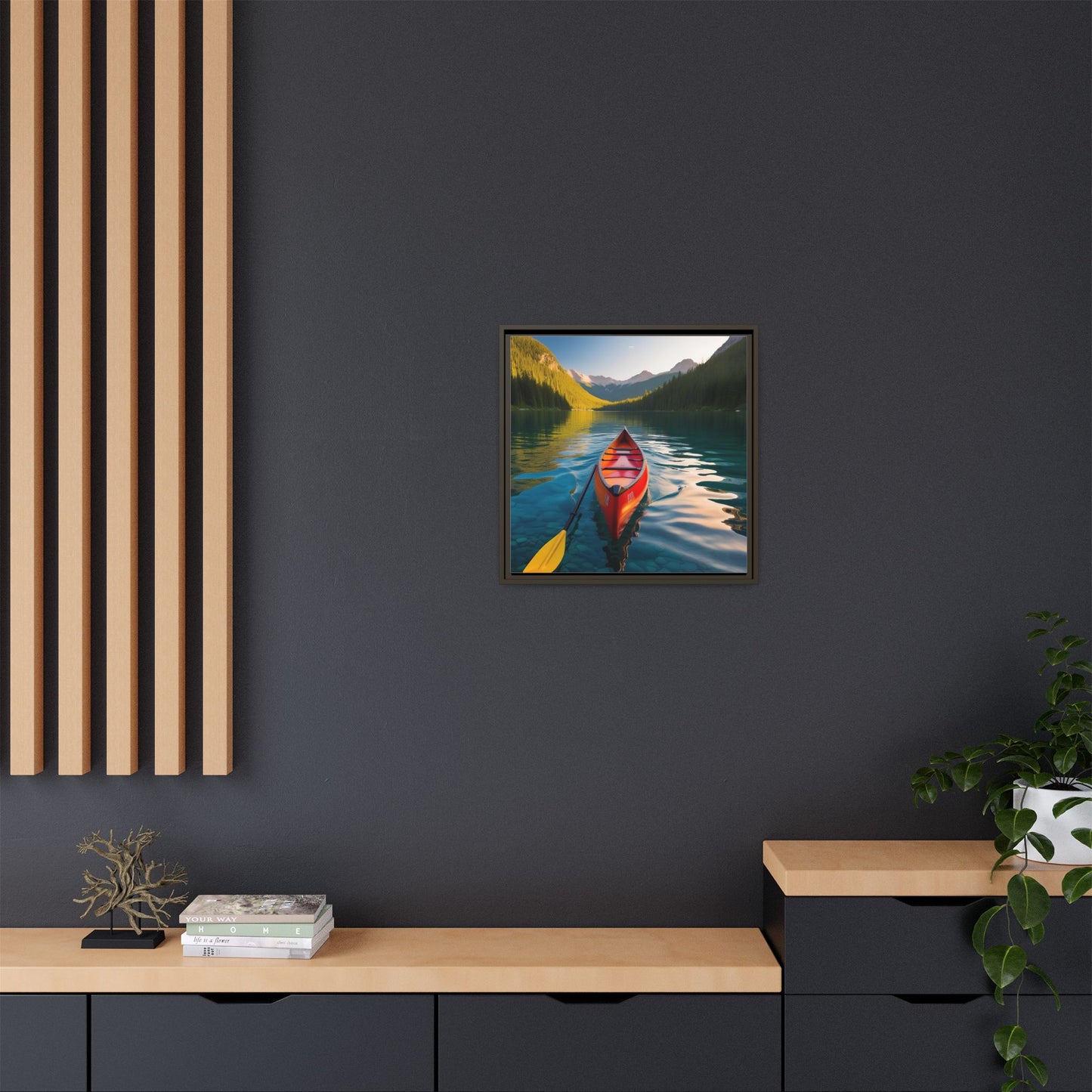 Canoe in the River Framed Canvas Wall Art Mountain Lover Outdoorsman Vacation Kayak Gift Nature Lover Peaceful Zen Gift 3 frame colors