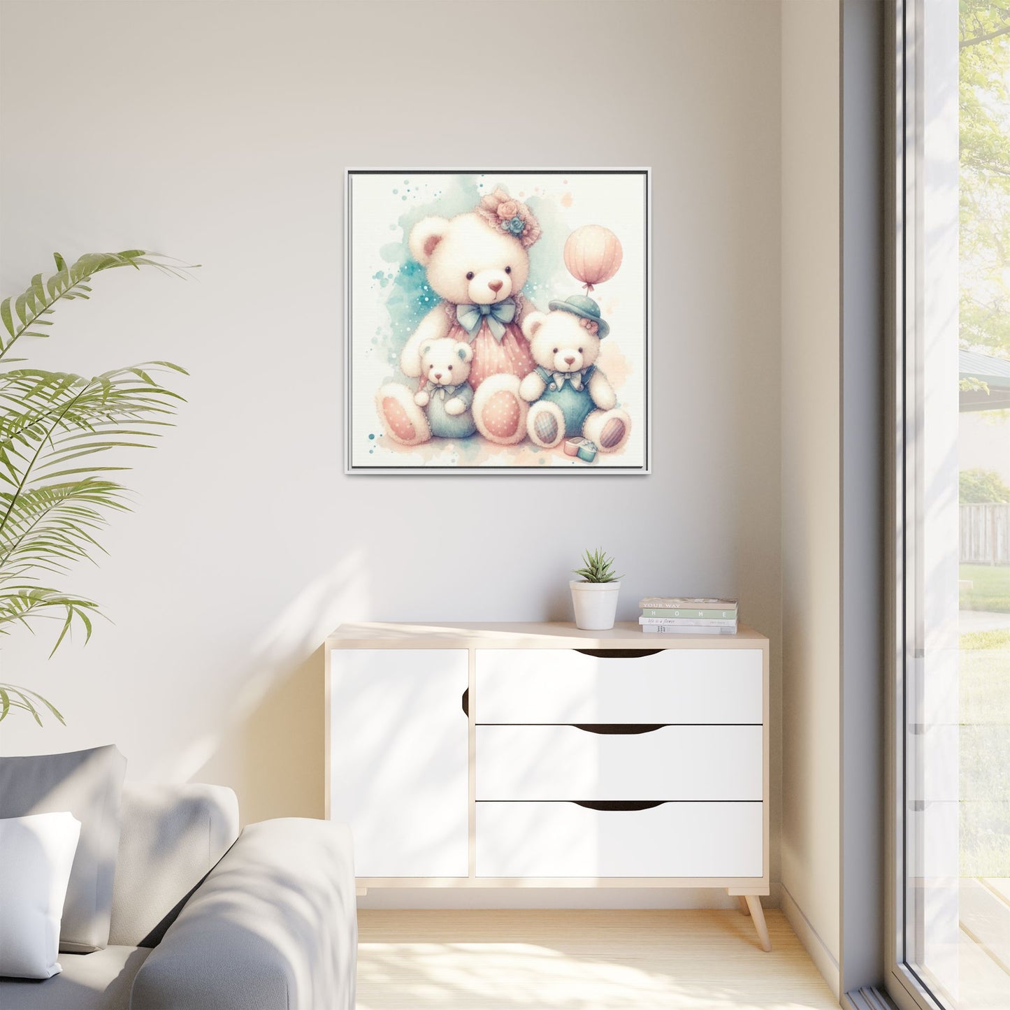 Whimsical Nursery Decor Pastel Floral Teddy Bear Design Wall Art Unique Sweet Baby Room Framed Canvas Print Unisex Baby Shower Gift
