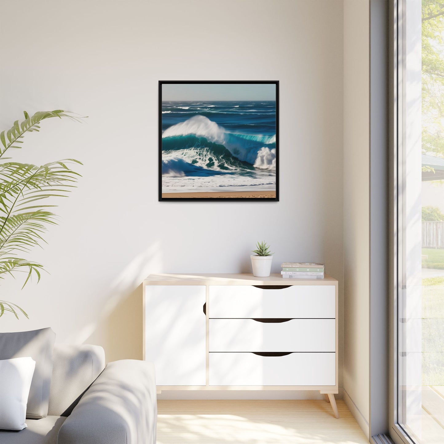 Peaceful Ocean Waves at the Beach Calm Sunny Day Framed Canvas Wall Art Vacation Oceanic Gift Nature Lover Zen Decor Gift 3 frame colors