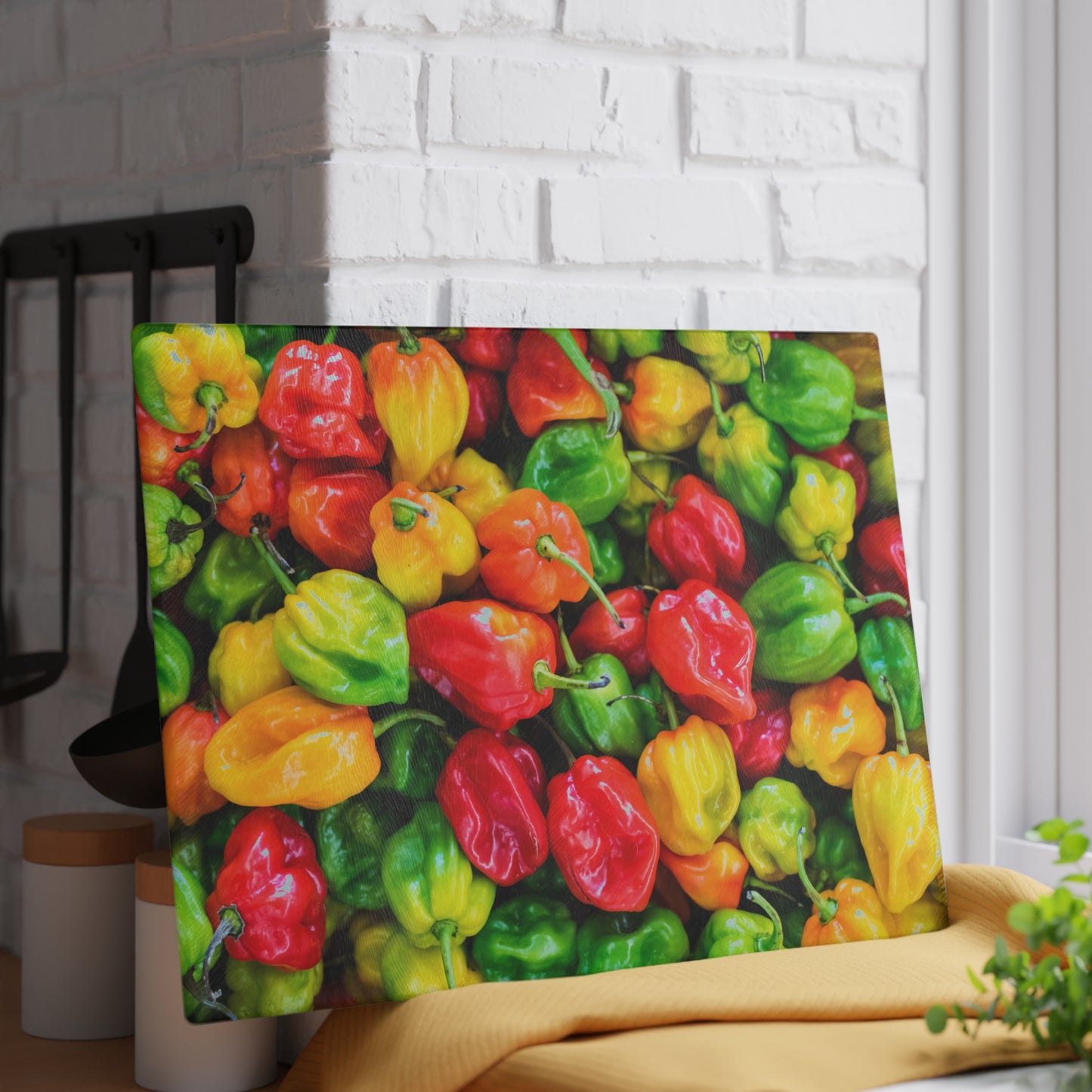 Kitchen Decor Glass Cutting Board Serving Tray with Scotch Bonnet Peppers Design Cutting Board Gift for Spicy Home Cook Charcuterie Board