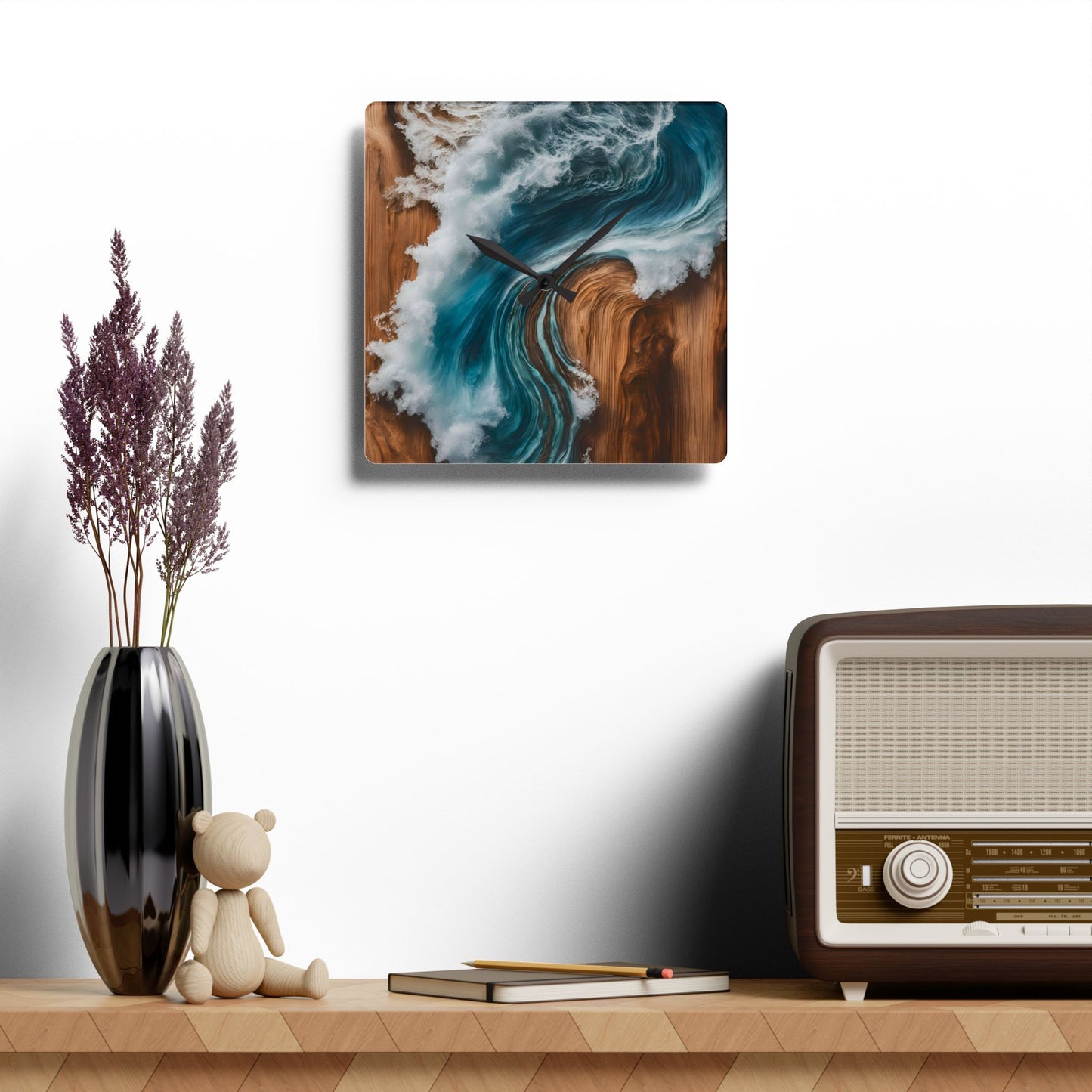 Rustic Wood-look Ocean Waves-inspired Design Acrylic Clock Unique Colorful Wall Clock for Kitchen or Living Room Nature Lover Surfer Gift