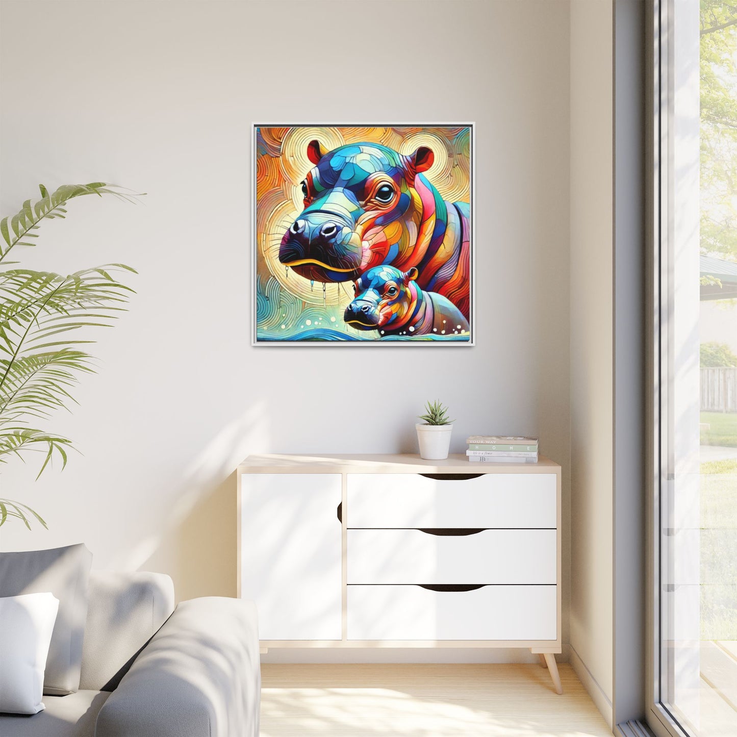 Modern Hippo Print Abstract Design Unique Framed Canvas Print Baby Hippo Wall Art Animal Lover Gift Nature Lover Decor 3 frame colors
