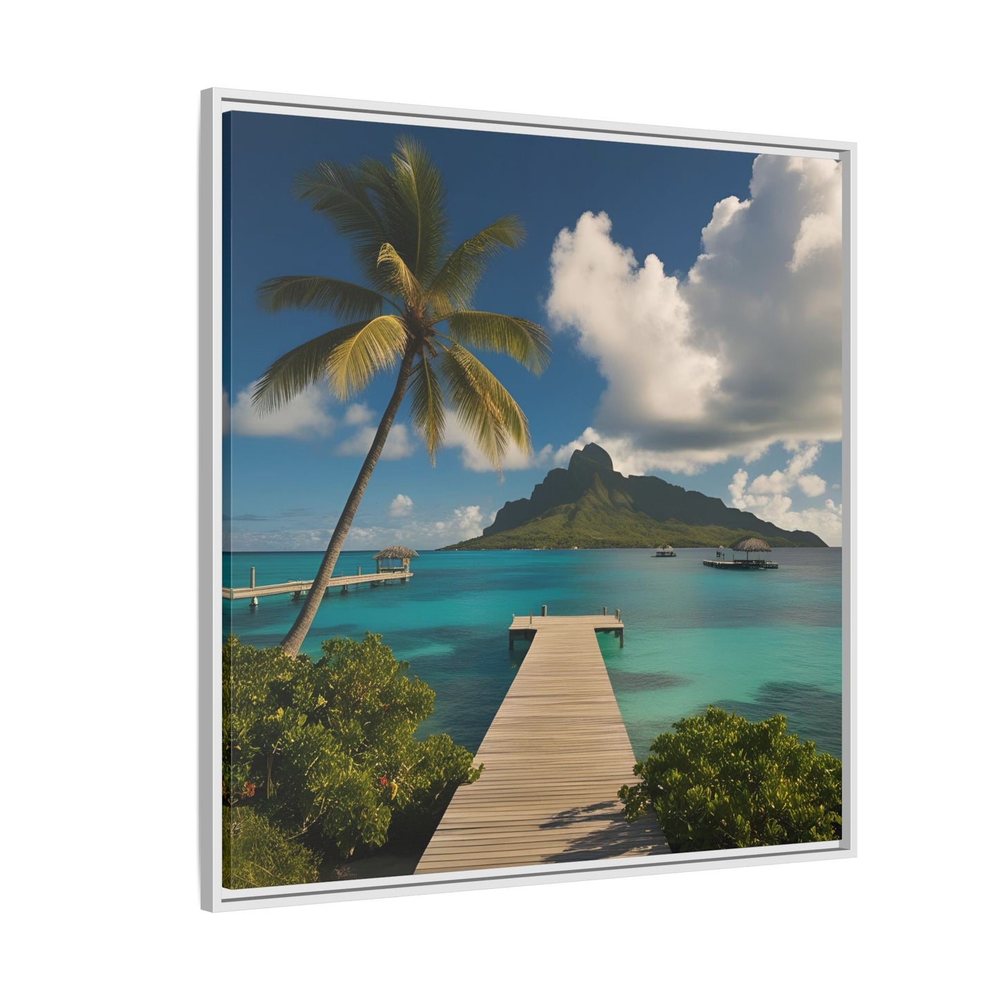 Tropical Island Calm Sunny Day Framed Canvas Wall Art Volcano Beach Vacation Oceanic Gift Nature Lover Peaceful Zen Gift 3 frame colors
