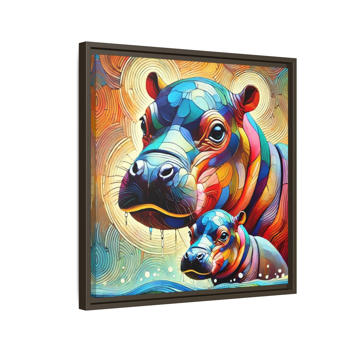 Modern Hippo Print Abstract Design Unique Framed Canvas Print Baby Hippo Wall Art Animal Lover Gift Nature Lover Decor 3 frame colors