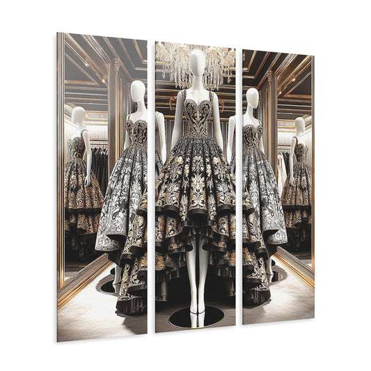 Fashion Formal Runway Damask Dress Design Triptych 3-Panel Acrylic Print Wall Art Unique Haute Couture Fashionista Vintage Style Decor