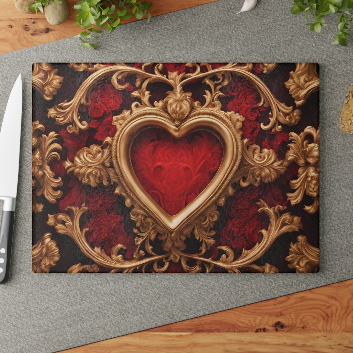 Kitchen Decor Glass Cutting Board Serving Tray with Heart Design Retro Damask Pattern Cutting Board Gift for Home Cook Charcuterie Board