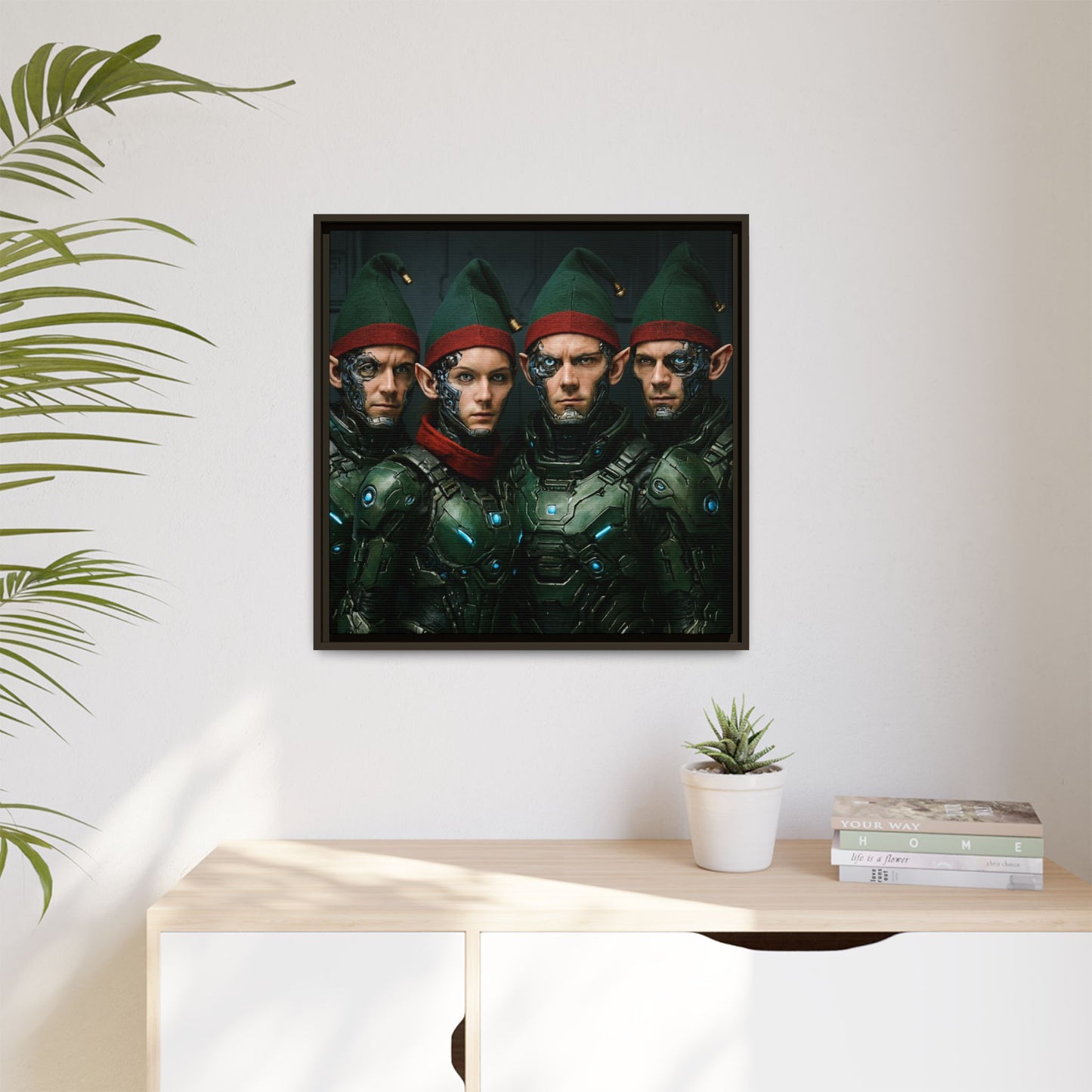 Cyber-Elves Print Modern AI Elf Design Unique Framed Canvas Sci-Fi Print Funny Christmas Elf Wall Art Gamer Gift Decor 3 frame colors