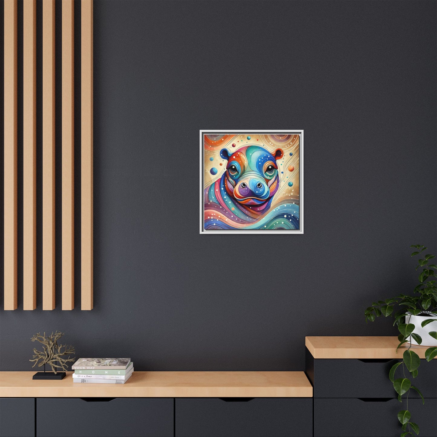 Modern Hippo Print Abstract Design Unique Framed Canvas Print Baby Hippo Wall Art Animal Lover Gift Nature Lover Decor 3 frame colors