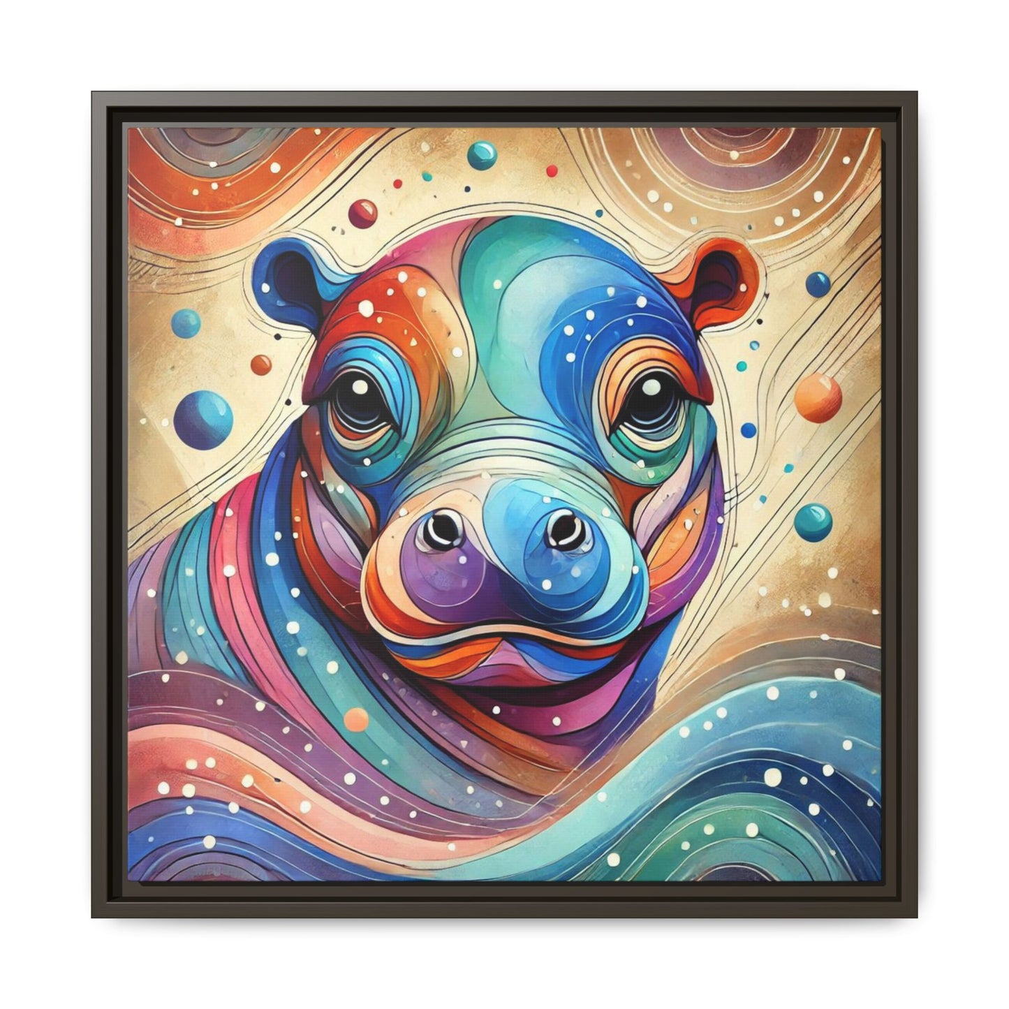 Modern Hippo Print Abstract Design Unique Framed Canvas Print Baby Hippo Wall Art Animal Lover Gift Nature Lover Decor 3 frame colors