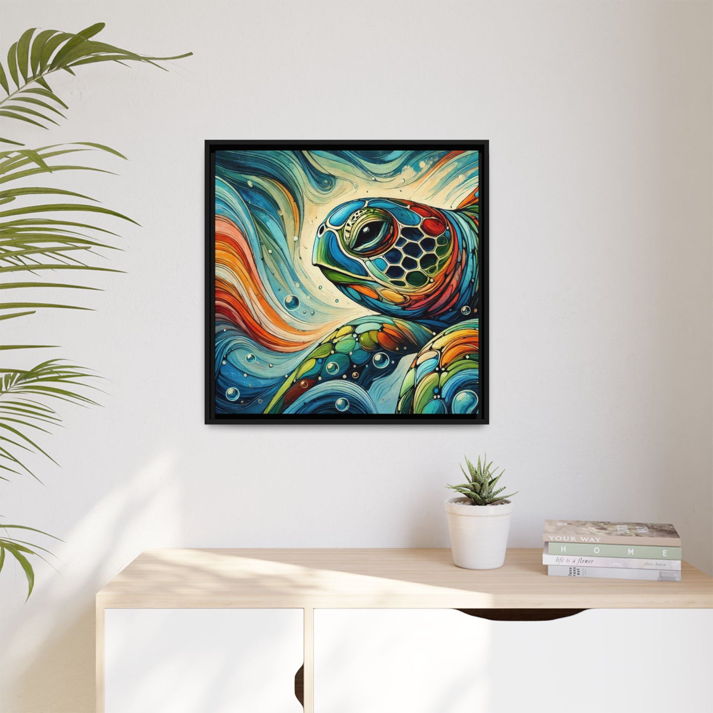 Modern Sea Turtle Print Abstract Design Unique Framed Canvas Print Oceanic Wall Art Animal Lover Gift Nature Lover Decor 3 frame colors