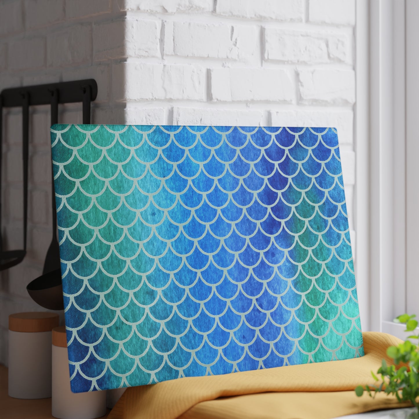 Beachy Kitchen Decor Glass Cutting Board Serving Tray with Fish Scale Design Cutting Board Gift for Home Cook Fun Charcuterie Board