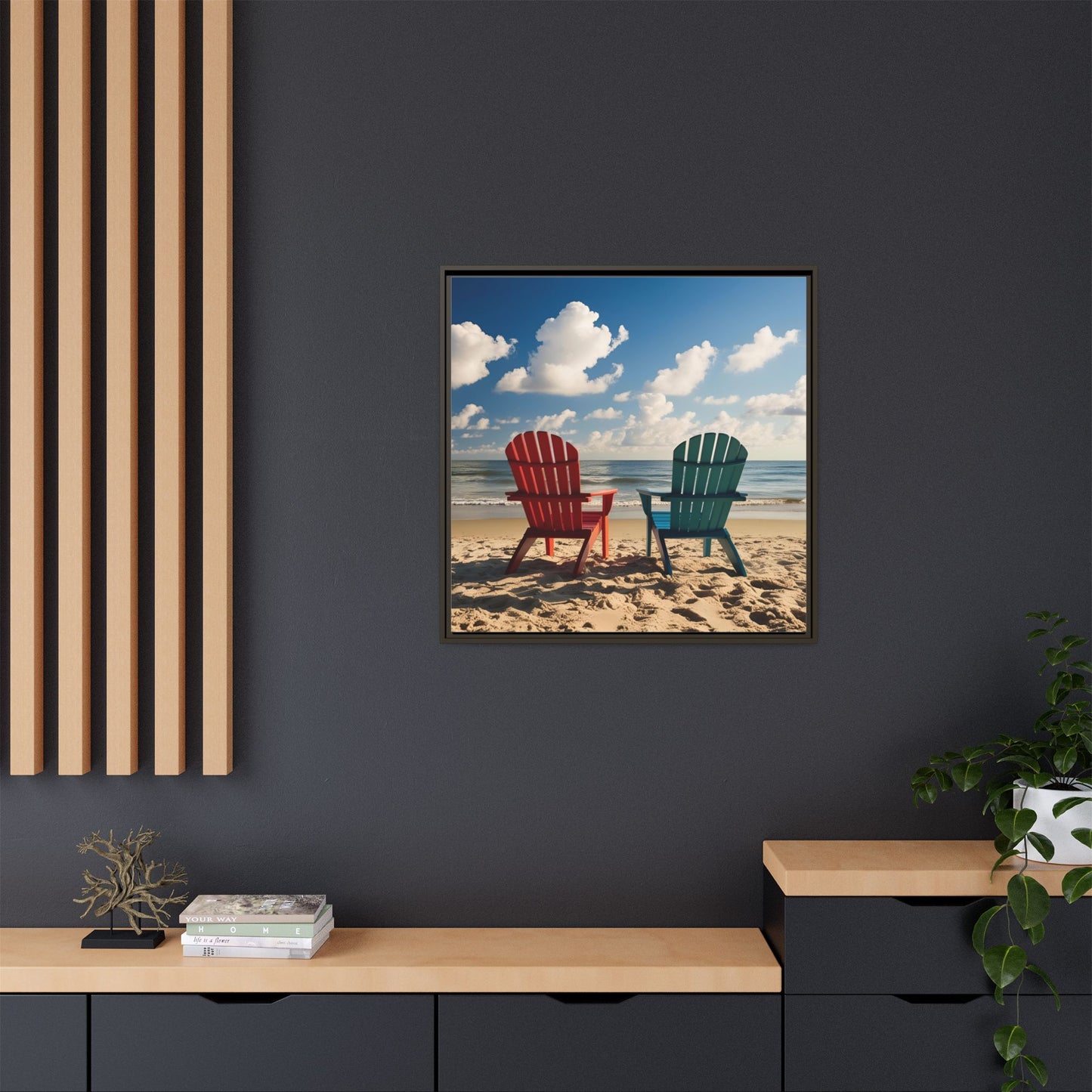 Chairs on the Beach Calm Sunny Day Framed Canvas Wall Art Beach Lover Vacation Oceanic Gift Nature Lover Peaceful Zen Gift 3 frame colors