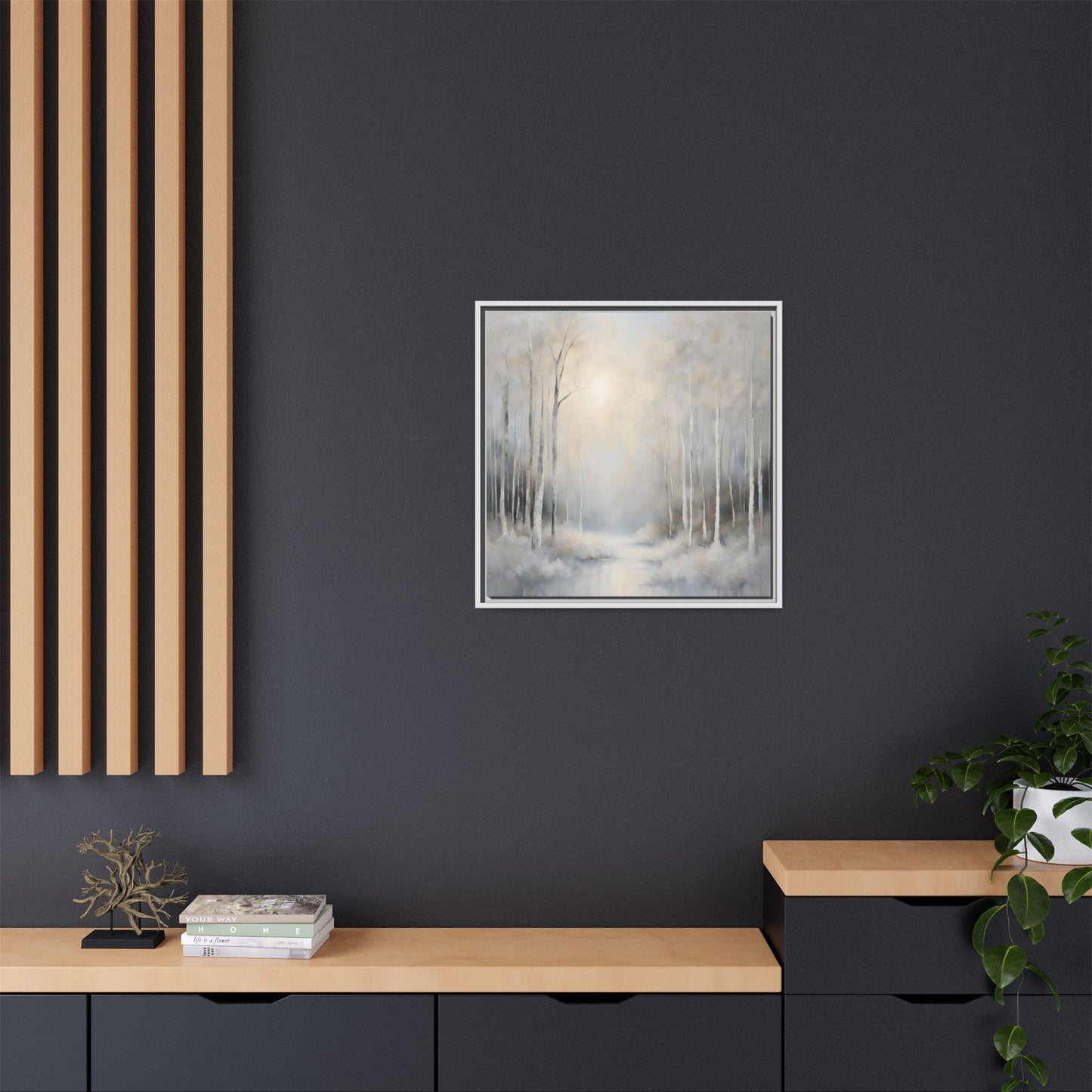 Modern Abstract White Forest Design Unique Framed Canvas Wall Art Ocean Beach Gift Nature Lover Gift 3 frame colors