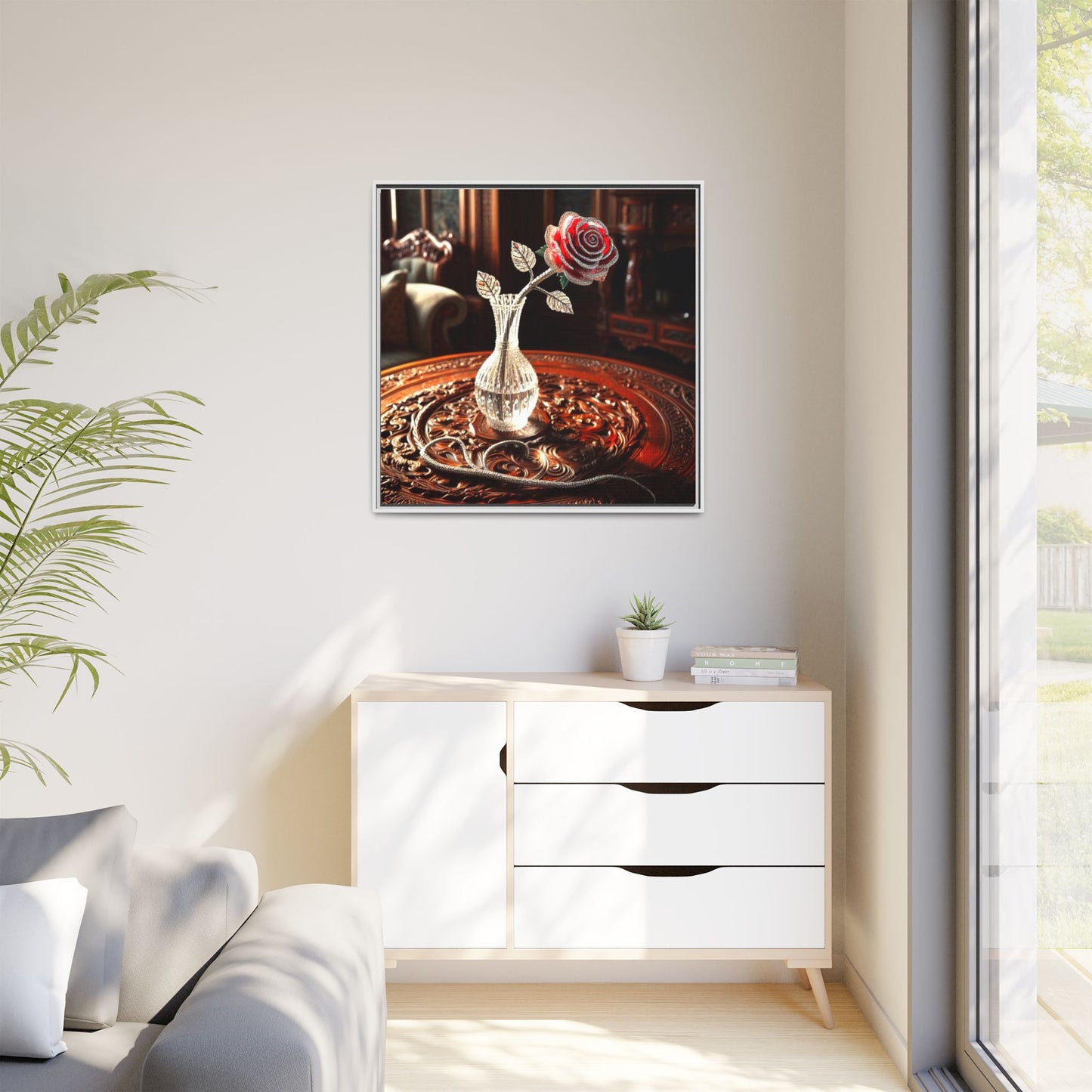 Bejeweled Red Rose Framed Canvas Print Wall Art Unique Fashion Designer Haute Couture Fashionista Flower Lover Gift Decor 3 Frame Colors