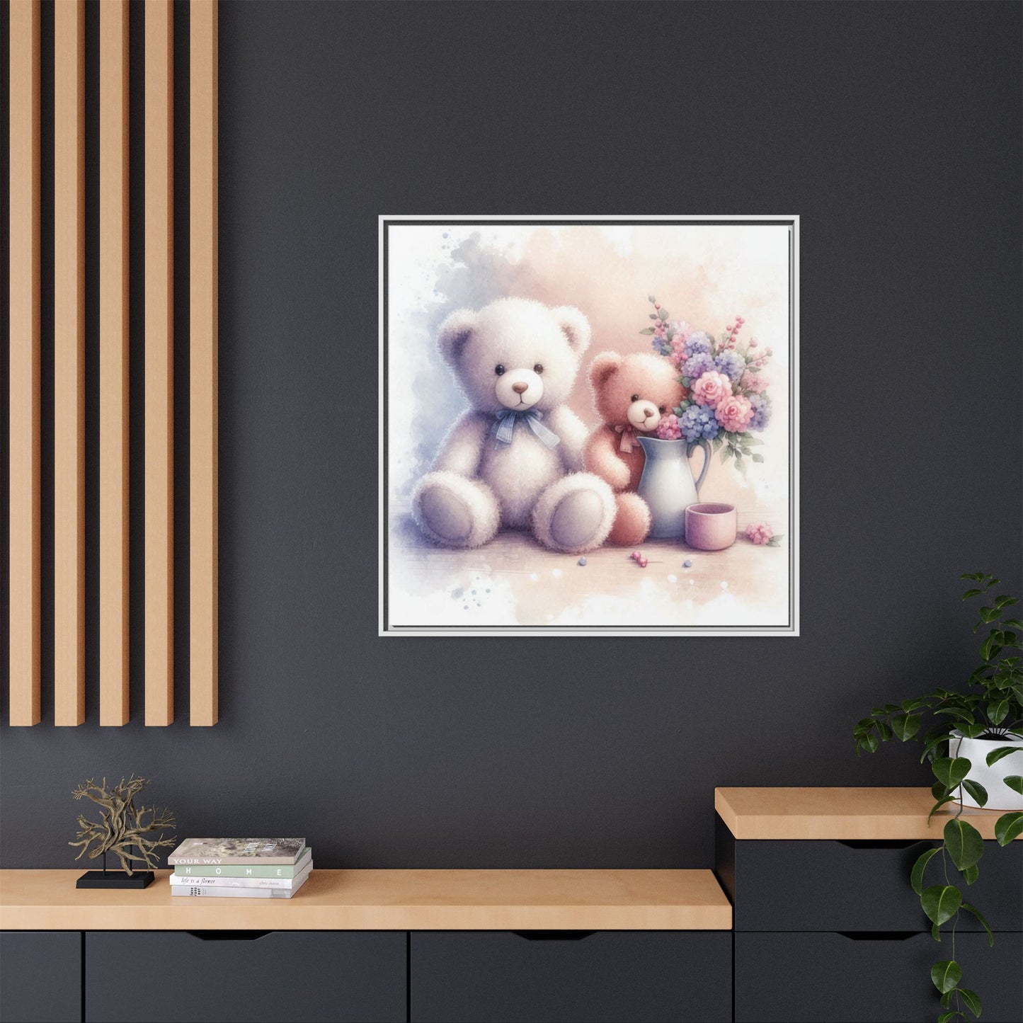 Whimsical Nursery Decor Pastel Floral Teddy Bear Design Wall Art Unique Sweet Baby Room Framed Canvas Print Unisex Baby Shower Gift