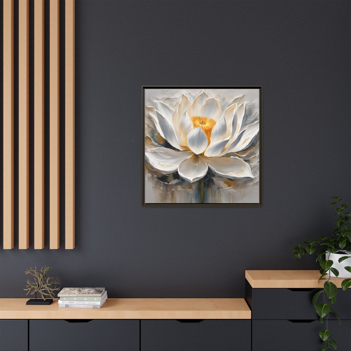 Modern Abstract Floral Design Unique Framed Canvas Wall Art White Lotus Gift Nature Lover Gift Garden Lover Gift 3 frame colors
