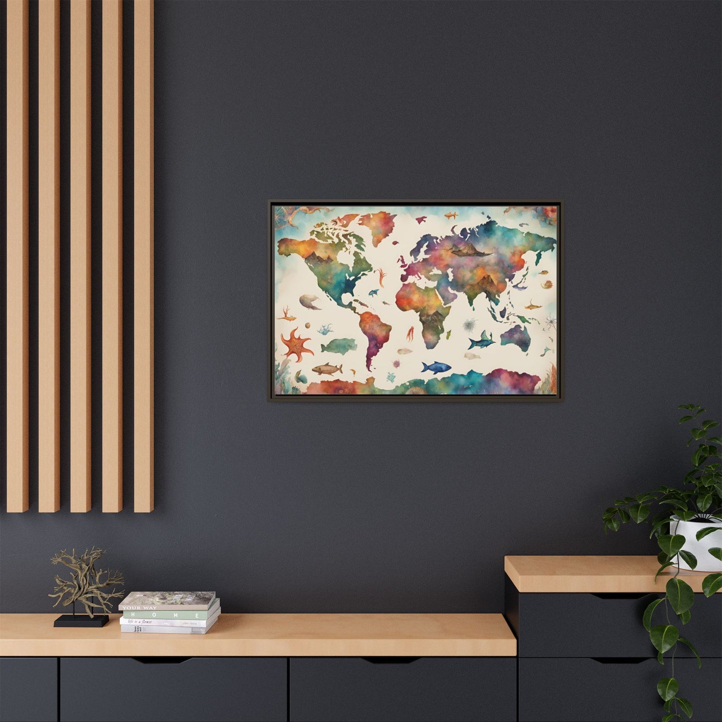Unique Modern Art Style Colorful Marine Life Themed Global World Map Oceanic Print Matte Canvas Wall Art 3 frame colors to choose from